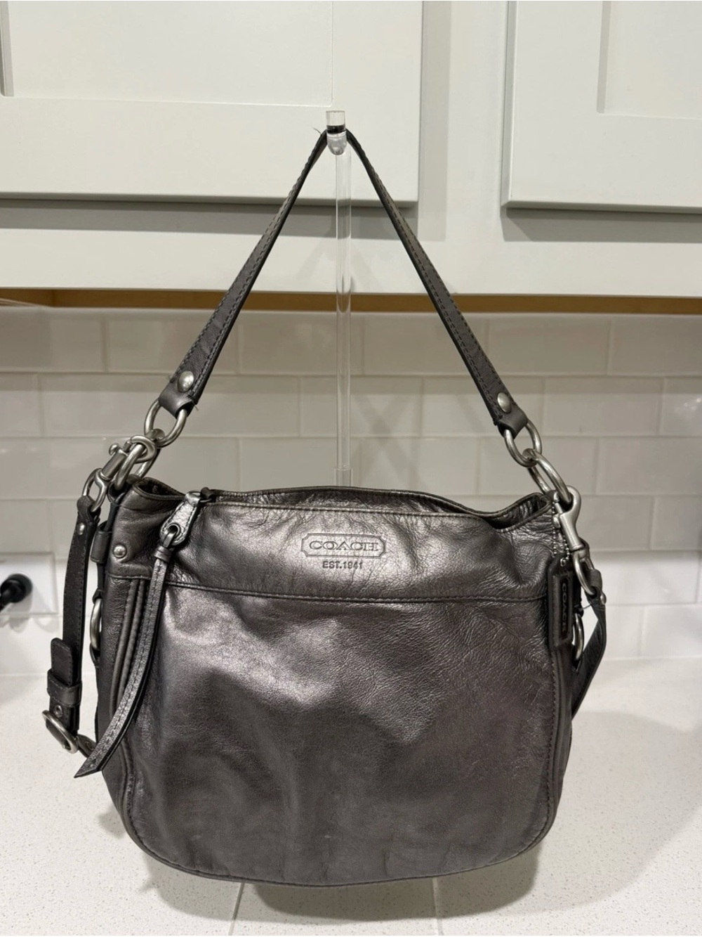 Coach Metallic Gray Leather Shoulder Bag with Silver Hardware